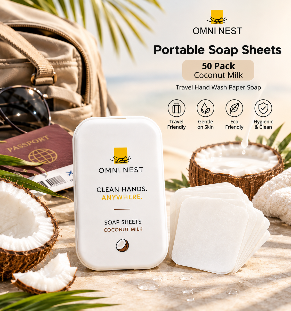 OMNI NEST Portable Soap Sheets 50 Pack Coconut Milk Travel Hand Wash Paper Soap