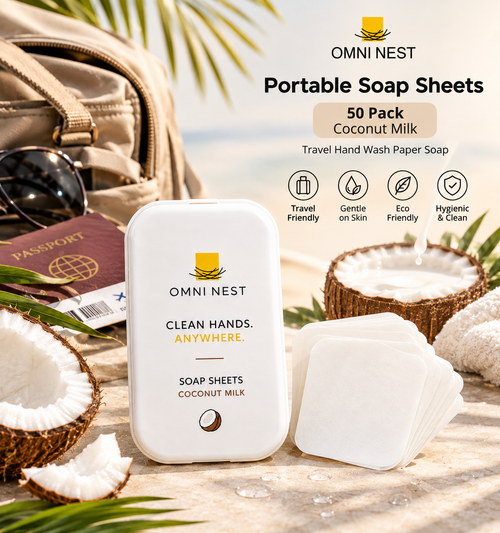 OMNI NEST Portable Soap Sheets 50 Pack Coconut Milk Travel Hand Wash Paper Soap